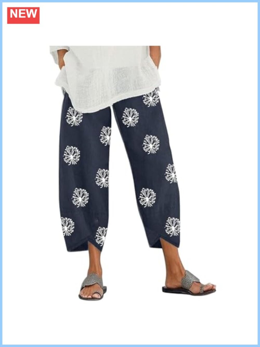Cotton Linen Capri Pants Women Summer Elastic Waist Palazzo